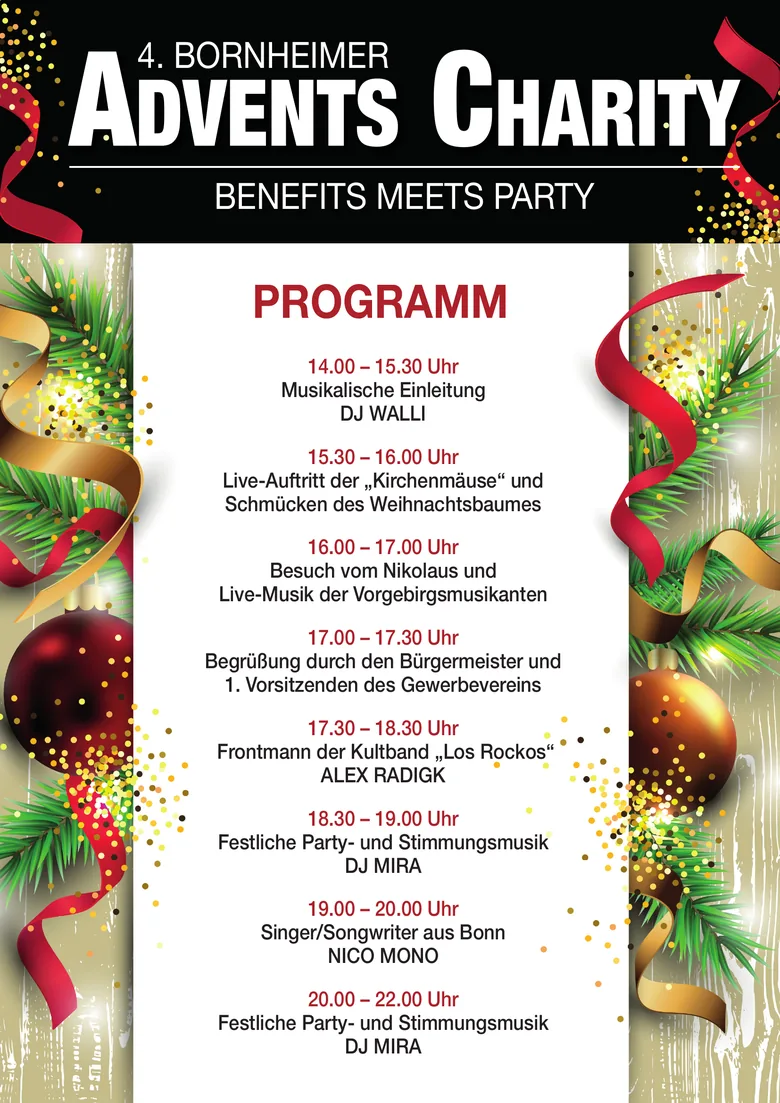 Plakat der 4. Bornheimer Advents Charity mit dem Bühnenprogramm am 28. November 2026
